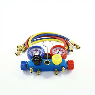 Manifold 4 valve R12/22/134/404 glass 3 hoses 90 cm FC Manifold 4 valve R12/22/134/404 glass 3 hoses 90 cm FC