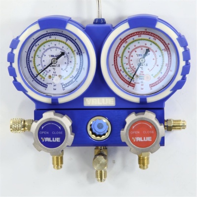 Manifold 2 valve R22/R134a/R404A/R407C 3 hoses 120 cm no connector VALUE VMG-2-R22-B F photo 2493847